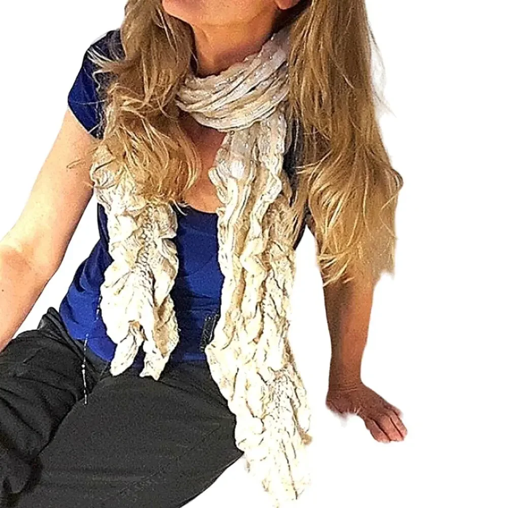 Crinkle Ruched Scarf Beige Textured Fluffy Long MInimalist All Seasons Preppy‎